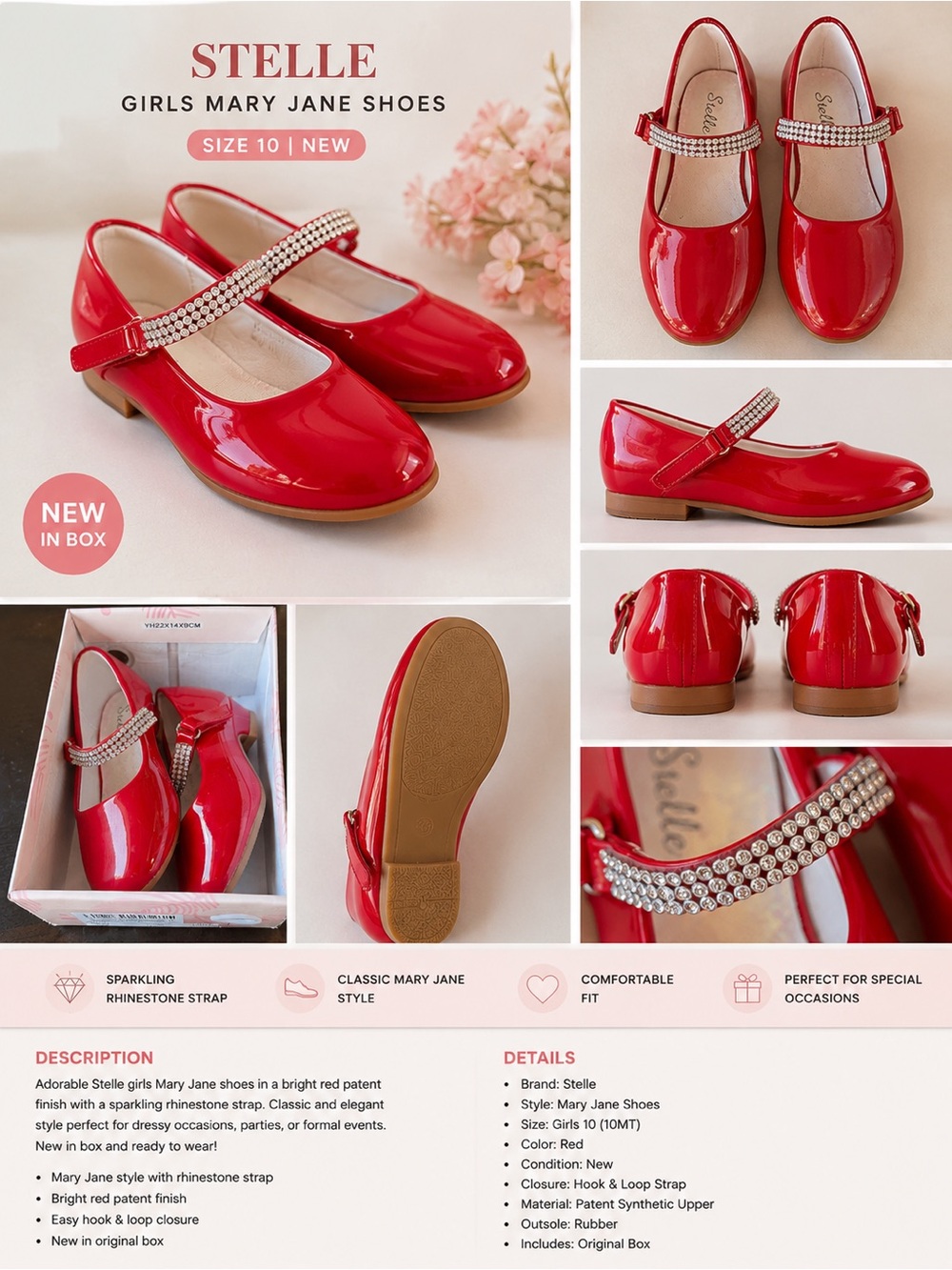 Girls Mary Jane Shoes - Red Patent with Sparkling Rhinestone Strap